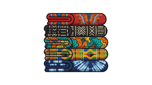 A stack of five colorful folded fabrics with diverse cultural patterns and textures.