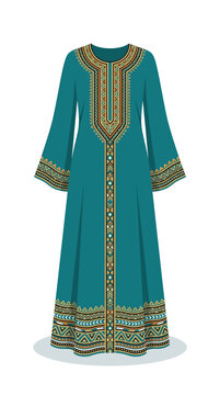 Elegant teal kaftan dress with intricate traditional embroidery and long sleeves.