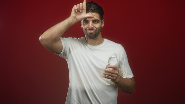 Hispanic man with beard in white t shirt holding a water bottle and making an l on his forehead while alternating pointing gestures in studio; playful tease.
