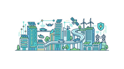 Fototapeta premium A stylized line art illustration of a modern smart city featuring sustainable infrastructure and digital connectivity.
