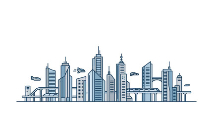 Fototapeta premium Futuristic city skyline illustration with skyscrapers and flying vehicles.