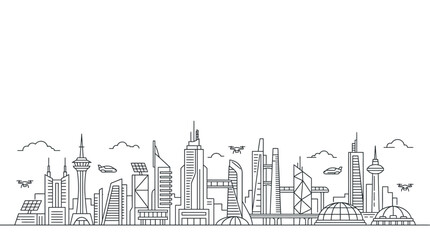Fototapeta premium A detailed black and white line art illustration of a modern city skyline.
