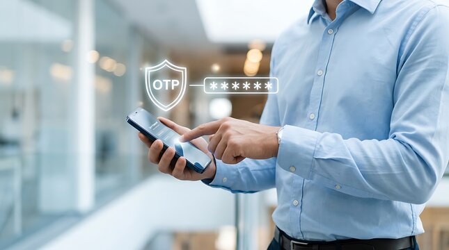 Man using smartphone with one time password security interface