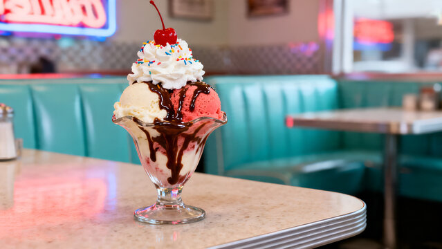 Delicious ice cream sundae with chocolate syrup whipped cream sprinkles and cherry on top served in retro american diner restaurant interior booth.