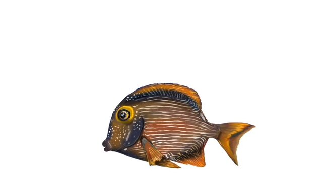animated illustration of brown Kole Tang fish on white background