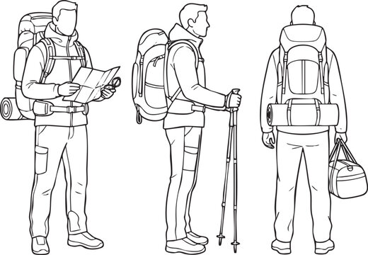 Traveler and hiker character side view CAD drawing set, outdoor walking people with backpacks, trekking poles, luggage, and travel gear in minimal clean architectural line style vector art