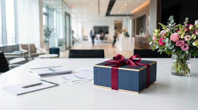 Elegant gift box with ribbon and flowers on a modern office table, symbolizing appreciation and corporate celebration