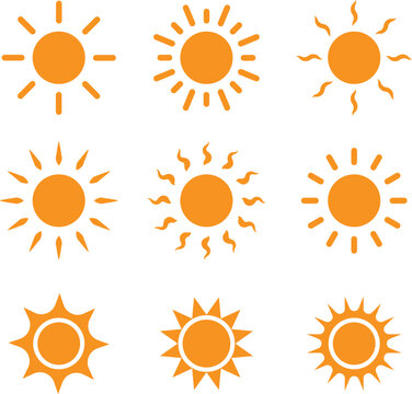 Yellow sun icons set featuring sunshine, solar glow, sunrise and sunset illustrations, decorative full and half suns, sunlight symbols, perfect for solar energy graphics, summer design, weather icons,