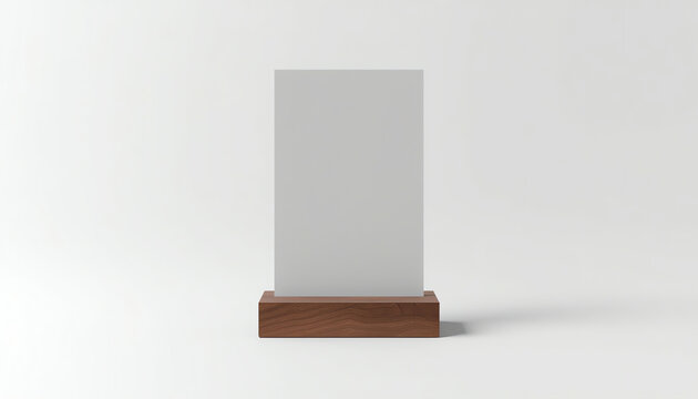 Vertical rectangle white menu with transparent frame on a light wood stand. Card display promotion and information for customer, picture stand,sign holder and photo frame template. 3D illustration