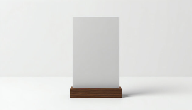 Vertical rectangle white menu with transparent frame on a light wood stand. Card display promotion and information for customer, picture stand,sign holder and photo frame template. 3D illustration