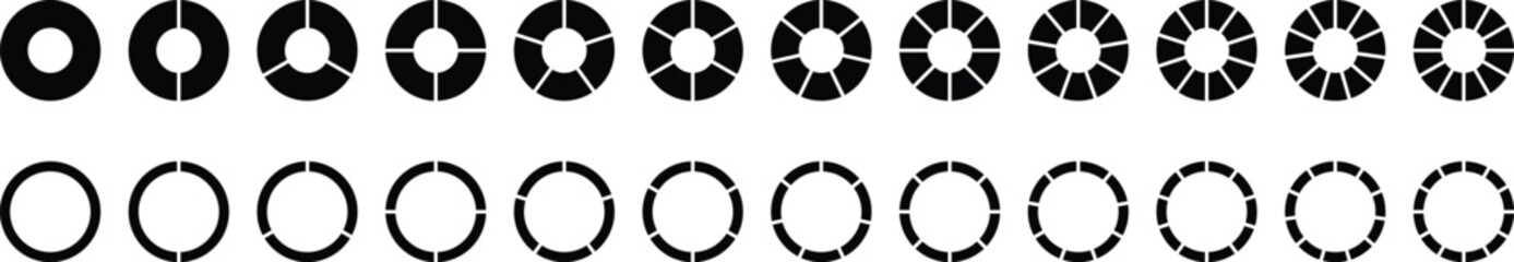 Fototapeta premium Circle divides on 1 to 9 equal parts. Wheel round diagram part symbol. Infographic element round shape, Circle semicircle quarter shapes. Black segmented circle set.