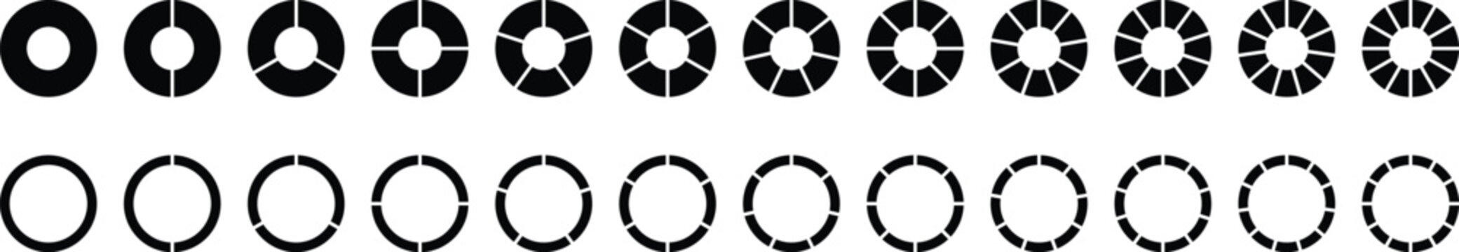 Circle divides on 1 to 9 equal parts. Wheel round diagram part symbol. Infographic element round shape, Circle semicircle quarter shapes. Black segmented circle set.
