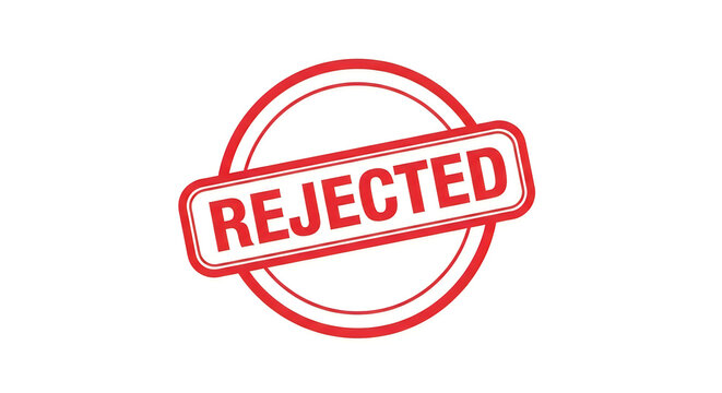 A bold, red circular stamp with the word rejected in all caps, symbolizing denial or failure, set against a plain white backdrop