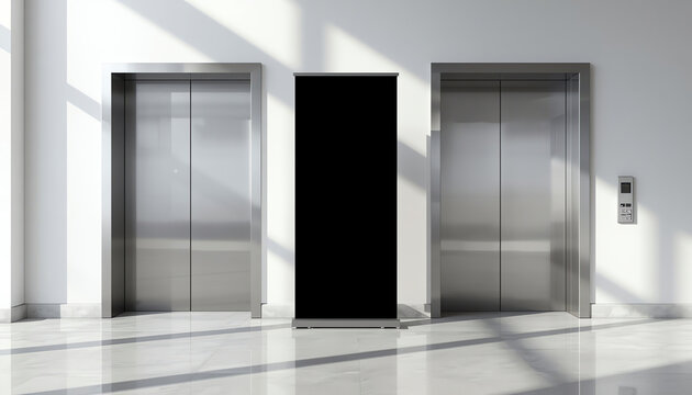Bright hall with elevator and vertical banner. 3d rendering 