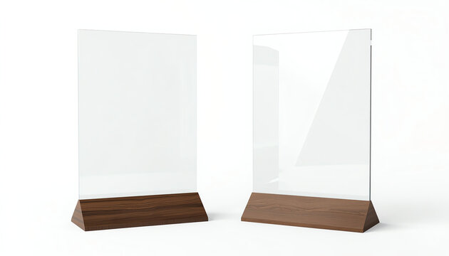 Clear plastic and acrylic table talkers promotional upright menu table tent top sign holder table menu card display stand picture frame for mock up and template design. 3d render illustration