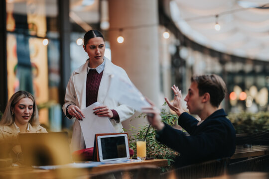 Three business colleagues review papers and argue over work at an outdoor cafe table. The tense discussion continues as a man gestures while two women react to documents and a tablet.
