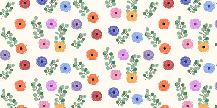 Colorful botanical seamless pattern with eucalyptus branches and layered floral blooms for fabric, wrapping paper and wallpaper