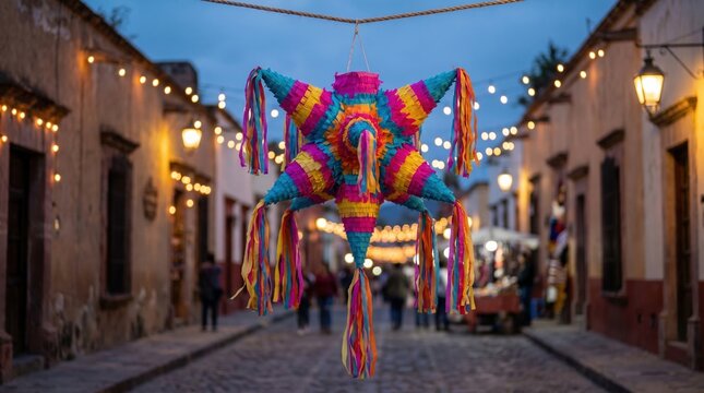 Colorful pinata hanging in a festive street adorned with string lights, showcasing traditional Mexican culture during a celebration in a cobblestone alleyway