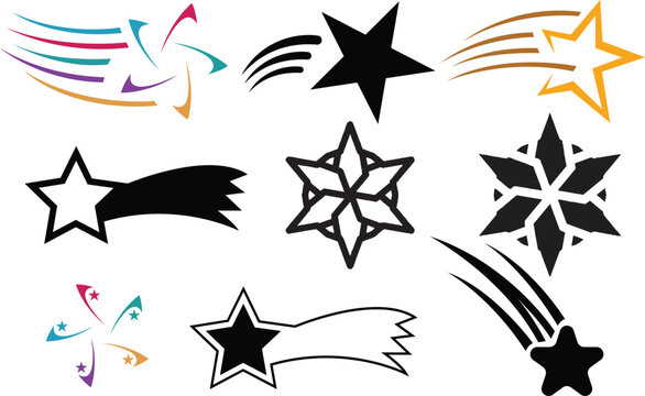 Shooting star and comet vector icon set. Celestial design elements, falling stars, geometric sparkles, meteor shower, and starry night outline symbols.