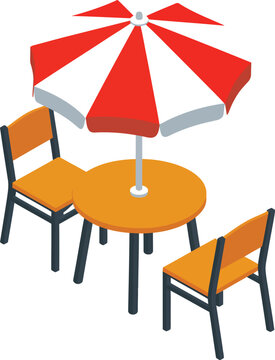 Isometric Outdoor Cafe Table Vector Featuring Patio Furniture with Striped Umbrella and Seating Arrangement Designs Vector Designs