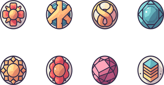 Fantasy Game UI Badge Icon Set with Colorful Magic Crystals Runes Medallions and Gemstones for RPG Video Games Mobile Applications and Interface Design Vector