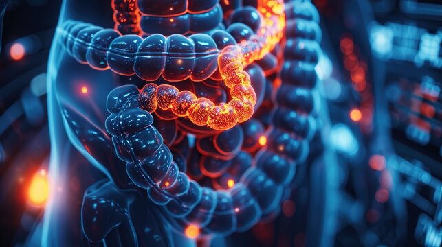 Detailed 3D medical illustration showing human colon and rectum anatomy, visualization of colorectal cancer tumors, comparison between healthy intestinal tissues and malignant lesions for clinical 