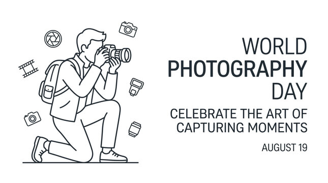 Line art illustration of a photographer capturing moments for World Photography Day.