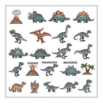 Diverse prehistoric animals and dinosaurs illustration set.