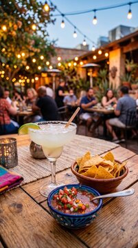 Margarita cocktail with lime slice beside bowl of tortilla chips and salsa on wooden table in outdoor restaurant with string lights and diners in background