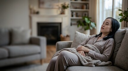 Obraz premium A young woman resting comfortably on a cozy sofa, covered with a soft blanket, enjoying a peaceful moment of relaxation at home.