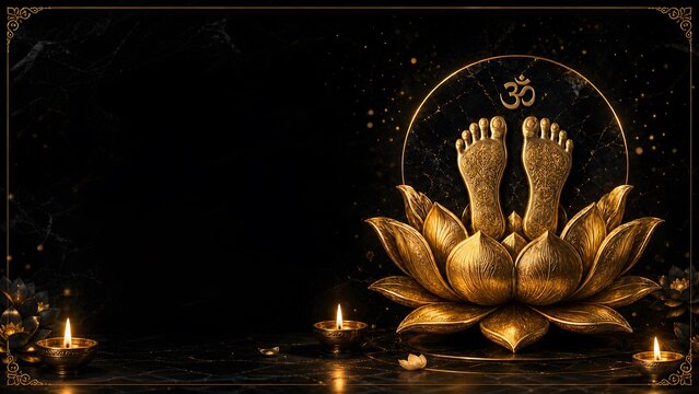 Golden Guru Paduka Feet Silhouette On Lotus Flower With Om Symbol Banner Background
