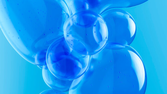 Transparent blue glass spheres in 3D composition on clean background