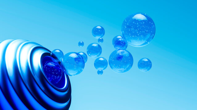 Glossy blue bubbles in 3D liquid glass with reflections on background