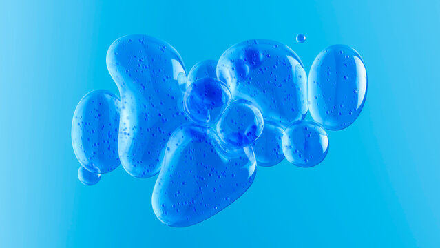 Blue liquid spheres in 3D composition with glass transparency on background