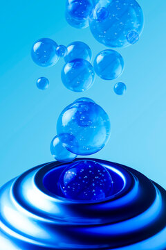 Multiple floating blue bubbles in 3D liquid glass scene on background