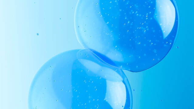 Transparent blue liquid in 3D bubbles with abstract composition on background