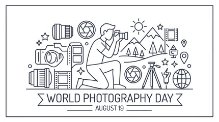 Fototapeta premium World Photography Day linear illustration with photographer and camera equipment.