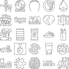 Fototapeta premium Variety of outline icons illustrating diverse concepts including finance, logistics, manufacturing, communication, and human health elements on a clean white background