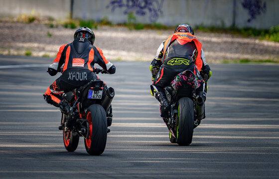 Regular training in Riga, Latvia, Bikernieki on 12-05-2026  Two motorcyclists racing on a track