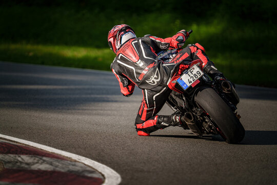 Regular training in Riga, Latvia, Bikernieki on 12-05-2026  Motorcyclist leaning into a curve on a race track
