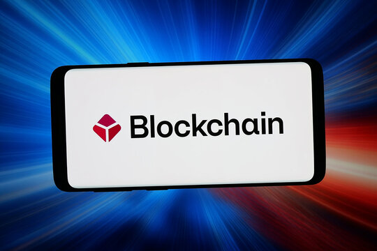 Stuttgart, Germany - 06-08-2026: In this photo illustration, the logo of British cryptocurrency company Blockchain.com is displayed on a smartphone in front of abstract background on computer screen.