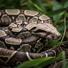 Fototapeta premium Close up of a coiled timber rattlesnake in grass.
