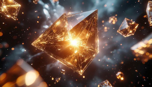 Abstract Golden Geometric Crystal Floating in Cosmic Space with Sparkling Light