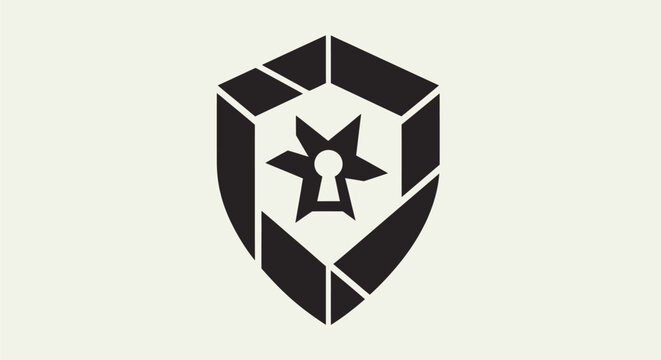 Abstract shield logo design with keyhole and star shape.