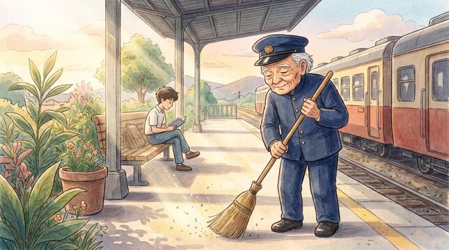Elderly Station Master Sweeping Platform near Vintage Train and Reading Boy Watercolor Cartoon Illustration