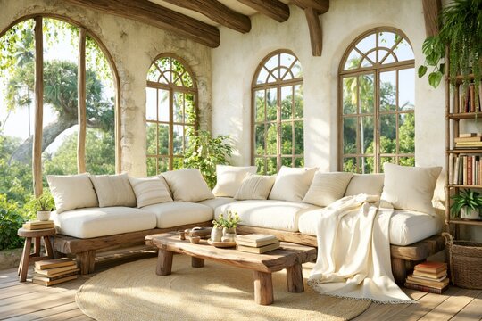 Sustainable living interior design rustic home decor eco-friendly furniture natural materials cozy sunroom with lush greenery view