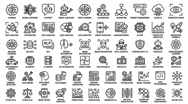 Business icons showcase various symbols and graphs on a single page