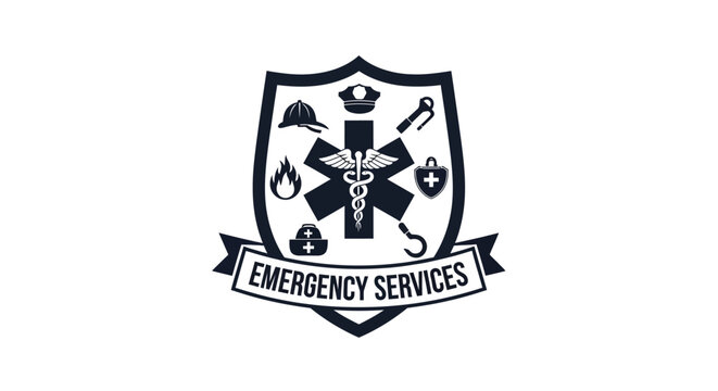 Emergency services shield emblem with medical and rescue icons.