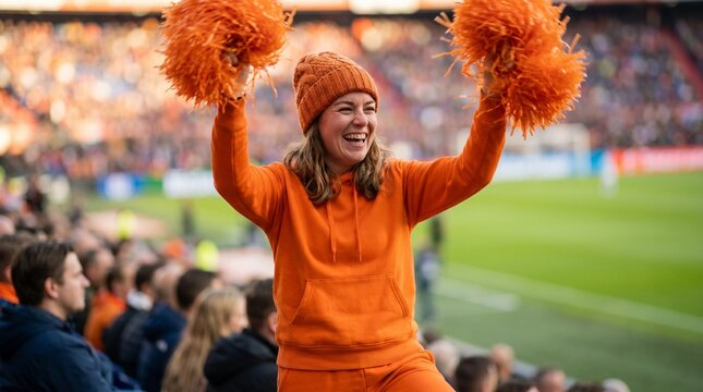 A joyful female sports fan in orange outfit cheering with pom-poms at a stadium during a football match celebration