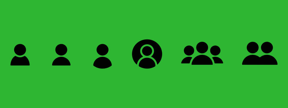 Set of user profile and group icons in outline and solid fill styles, representing single individuals and multiple people for digital interfaces and applications. 